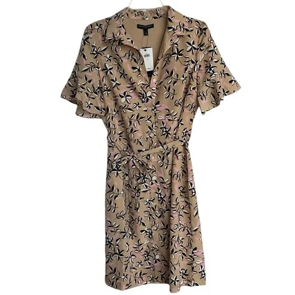 Banana Republic Tan Printed Ruffle Sleeve Shirt Dress Size 6 NWT - Picture 4 of 14